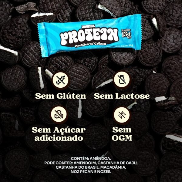 Barra de Proteína Vegan - Cookies n’ Cream - Vegana, Sem Glúten, Sem Adição de Açúcar, Sem OGM - 13g - Image 3